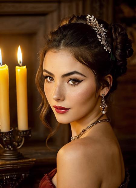 medium portrait close up of a Beautiful sks woman, (messy bun), sitting on a wooden chair, wearing a fancy Victorian era dress, seductively posing, medium breasts, pale skin, dark red lips, dark eye shadow, ornate pendant, sitting in front of a large stone fireplace, candle burning, in a luxurious fantasy castle, side lighting, cinematic, Renaissance style, (Fujifilm XT3:1.1), (high detailed face:1.3), perfect hands, <lora:locon_andreabotez_v1_from_v1_64_32:1.25>