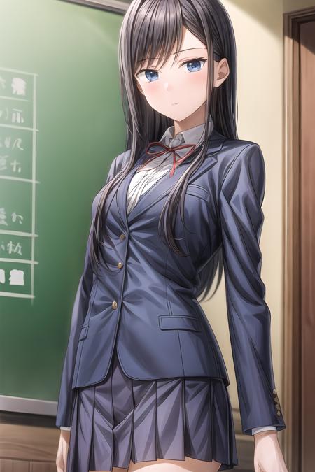 1girl, bangs, blue hair, blazer, collared shirt, expressionless, jacket, long hair, looking at viewer, school uniform, saginomiya_shiori, cowboy shot, <lora:add_detail:0.65>