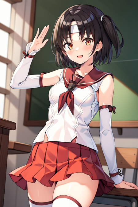 nagaraKC, 1girl, solo, short hair, skirt, school uniform,detached sleeves, serafuku, sailor collar, neckerchief, headband, red skirt, one side up, red sailor collar,white thighhighs,