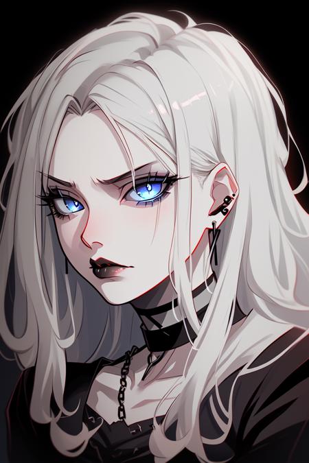 goth girl woman, pale skin, red lips,  japanese bang, high quality, blue eyes, simple background, dark background, serious look,  black clothes, choker, detailed face, detailed eyes, gray hair, eyelashes, earrings, portrait,  <hypernet:anime:1>,  <lora:Goth_girl-v3-000001:0.8>