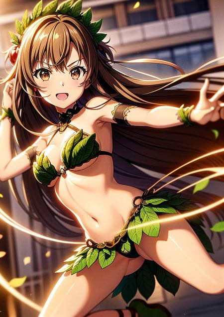 (((leaf bikini, leaf bra, leaf panties, leaf hair ornament, falling leaves, leaf maebari))), 