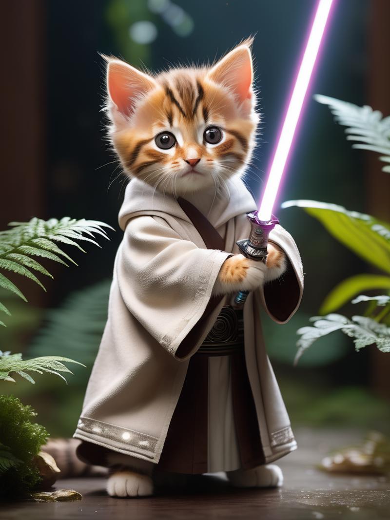 A kitten dressed as a Jedi holding a lightsaber.
