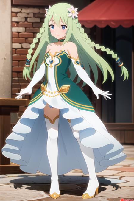 best quality, 4k, ((masterpiece)), extremely detailed, 8k, <lora:chikaa:0.8>, 1girl, solo, green hair, long hair, twin braids, hair ornament, flowers, green dress, white gloves, elbow gloves, small breasts, blue eyes, green choker, white thighhighs, white shoes, high heels, full body,