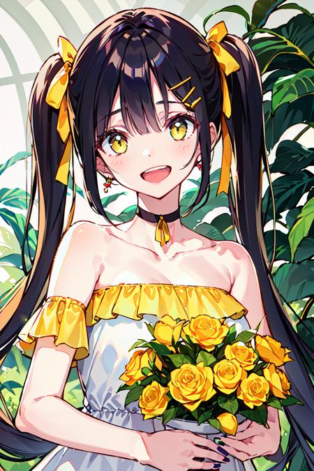 <lora:DSmile:0.8>1girl, solo, long hair, dress, flower, looking at viewer, holding, white dress, bare shoulders, hair ornament, rose, yellow flower, braid, bangs, twintails, collarbone, smile, nail polish, yellow ribbon, upper body, yellow nails, open mouth, yellow rose, wrist ribbon, plant, ribbon, choker, low twintails, hairclip, strapless dress, strapless, leaf, short sleeves, very long hair