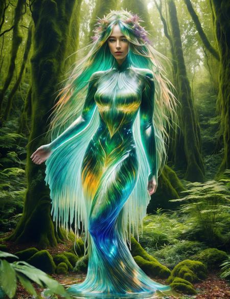 hyper detailed masterpiece, dynamic, awesome quality,DonMSp3ctr4l,vibrant spectral,merman, female nature spirit, bark like woody skin texture, leafy viney hair and attire, serene or ethereal expression, green earthy coloration, nature infused eyes, associated trees, embodiment of the forest, carries symbols of nature, aura of natural beauty and grace  <lora:DonMSp3ctr4l-000008:0.8>