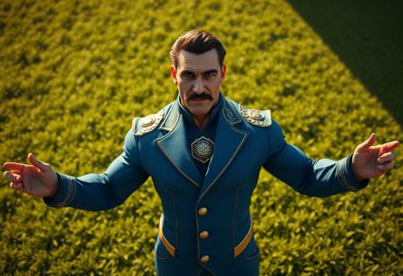 Cinematic shot: A muscular male Jet Warrior in a dynamic, action-ready pose, arms outstretched, stands centered on a textured, vibrant green grass. He wears a full blue suit with intricate gold accents, revealing only a face with a large nose, distinguished mustache, and beautiful detailed eyes looking directly at the camera with intense, intentional focus. The scene is captured with captivating lighting casting dramatic shadows. 4K, Exceptional Quality, Lifelike Details, Super Detailed Face and Eyes and Clothes, Handcrafted with Precision, High Quality. Impeccable Composition, Golden Ratio, Creative Angle. Rendered with Octane Render and Unreal Engine 5. Attractive Background implies a Supernatural Danger Zone. Balanced Editing, Harmonious Colors. Well-timed Moment. High quality image., very detailed.