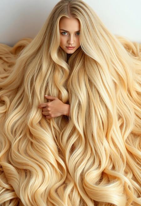 buried in a mound of luxuriant incredible thick abundant voluminous lush sensuous extremely long pale golden blonde hair wrapped around the body. extremely long hair, 100-feet of hair, super long hair, real rapunzel, rapunzel, rapunzel long hair, hair fetish, hair job, Dreamgirl, Goddess, gorgeous, amazing hair, longest hair, perfect hair, longest hair ever, hairstyles, hairstyling, hair, Debra Jo hair, extreme hair, extreme long hair, extremely long hair, Debra Jo, extreme longest hair, voluminous hair, thick and luxurious hair which is hangs to the floor and covers it. Her expression radiates confidence as she shows off her thick, luscious locks. super thick soft luxurious long lush sleek heavy voluminous cascading pendulous ultra silky pendulous shampoo commercial hair dragging the ground, around her on floor, hair piles behind her on floor