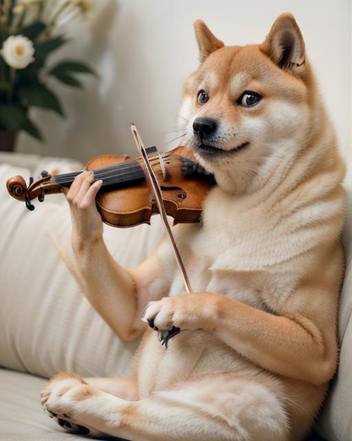 A dog playing a violin and smiling.