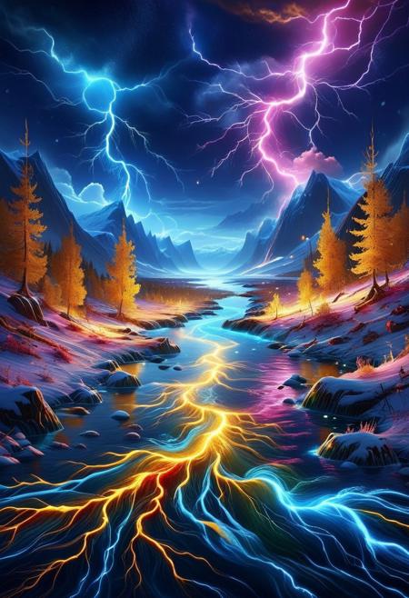 (ultra high res:1.4), (masterpiece), (beautiful lighting:1.4) , Greenland  ice and snow, Greenland river, icy  water, forest,   magic, great magic, Greenland, lightning, dark night moonlight illuminates the icy water, , lthndrtrl, (deep underwater), anime, half above water and half below water , (clear underwater), night sky, bright moon, lightning,  depth, GhostlyStyle, made of golden and blue and red and yellow and purple lightning thunder trails, power, fire,