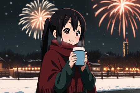 ((masterpiece)), <lora:nakano-azusa-v1.1:0.7>, nakano azusa, 1girl, smiling surprised face, short thin body, long dark hair, twintails, wearing black poncho with red scarf, holding a cup of coffee, winter outdoors, night, nightlights, snowflakes, fireworks