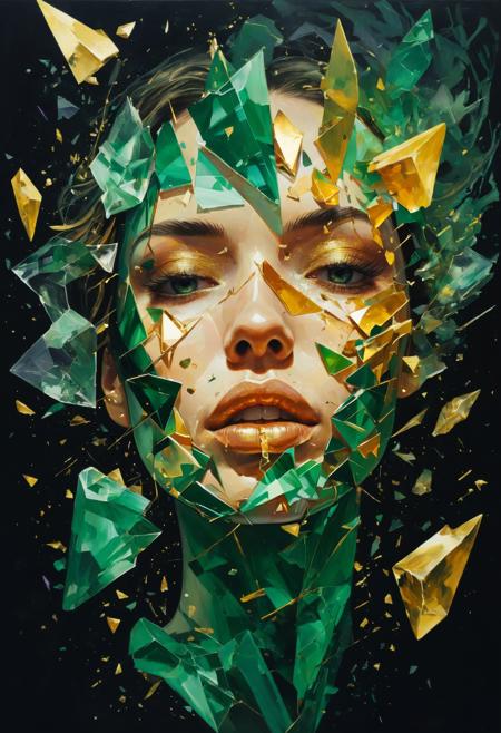  Abstract surreal artwork of a woman's face breaking apart into floating, intricate shards. Her expression is calm and enigmatic, with vibrant streaks of emerald green, golden yellow, and soft lavender running through the fragments. The background is a dark, smoky gradient with subtle glowing highlights, emphasizing the disjointed pieces. Light refracts and shimmers at the edges, giving the fragments a crystalline, almost ethereal quality. The atmosphere is otherworldly, poetic, and delicately detailed, blending harmony with a sense of fragmentation