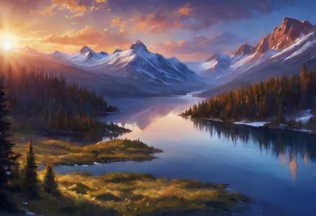 a beautiful view of a valley, in the center of the valley a forest, in the center of the forest a lake, a river starts from the lake, snow-capped mountains in the background, at sunset, the sun sets behind the mountains, the sun reflects on the lake, detailxl