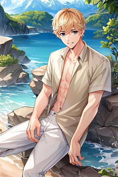 ((high_quality, distinct_image)), masterpiece, extremely_detailed_CG, illustration, 1boy, solo focus, looking at viewer, handsome, beautiful_detailed_hair,  male, zhouqiluo, full_body,  outdoor, smile, toned