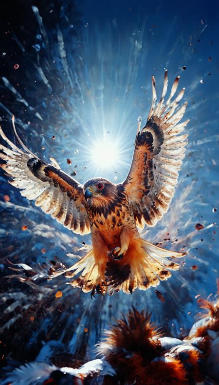 The image is a photograph of a bird of prey, specifically a hawk, in flight. The bird is in the center of the image, with its wings spread wide. Its body is covered in black and white speckled feathers, and its tail feathers are fanned out behind it.