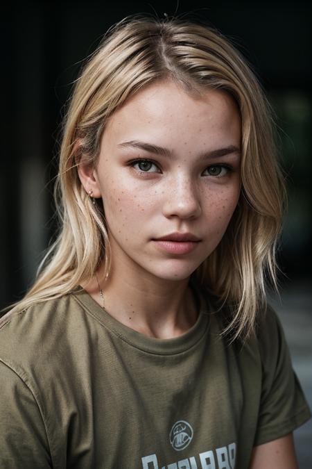 photo of (ryamp0lsky-135:0.99), closeup portrait, perfect blonde hair, portrait, (modern photo, Military Green graphic tee), 24mm, (analog, cinematic, film grain:1.3), (plain Caramel background, gradient:1.1), ((detailed eyes)), (seductive pose), (epicPhoto), face focus