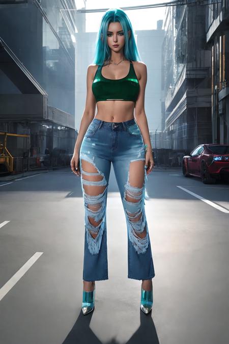 <lora:bjeans_v15:1> bjeans, bpants
Masterpiece, best quality, (highly detailed photo:1. 2), 8k render in octane, volumetric lighting, volumetric shadows, <lora:more_details:0.6>
long blue hair girl, (reflexes:1.2), (top transparencies:1.3), big hips, (angry and passionate look), green eyes, (smiling), heels, make-up
cyberpunk background