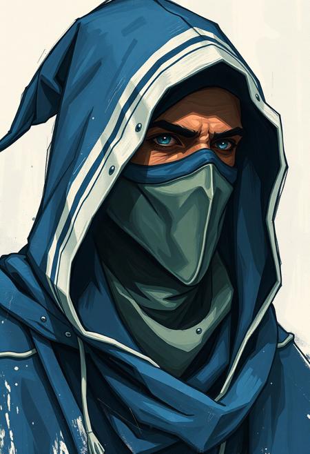 Hooded wizard, blue hood, white trim, mask, rendered with bold, expressive smudges and unfinished strokes, art nouveau, painterly