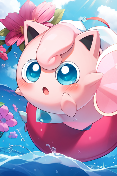 jigglypuff, :o, cloud, flower, pink theme, straight-on, pokemon move, microphone, water, blush, hat