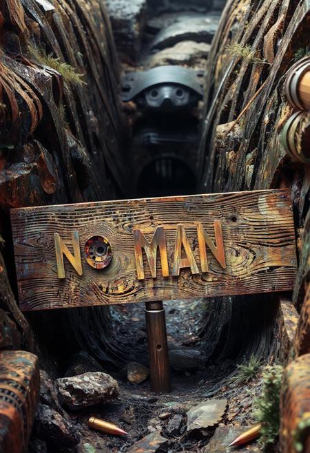 A World War II trench scene. A weathered wooden sign at the trench's entrance reads 'No Man's Land,' with bullet holes piercing through the letters. made out of fractangles, PG rating, sfw,