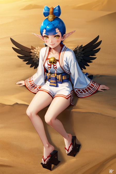 amanozako, blue hair, pointy ears, japanese clothes, black wings, yellow eyes, bell, geta, sandals