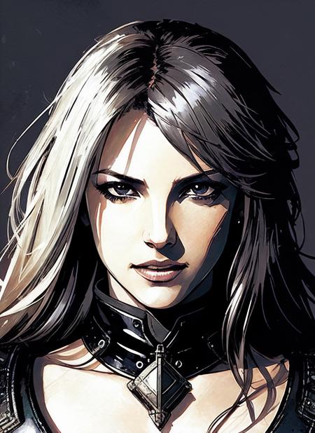 illustration of sks woman as thief in leather armor, smirk, beautiful detailed eyes, cinematic, drawn by Greg Rutkowski, Yoji Shinkawa:0.6, vibrant colors, <lora:locon_britney_v1_from_v1_64_32:1.3>