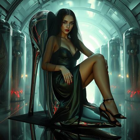 tall slender elegant slavic femme fatal   laying in giant high heel foil shoe ,  veil encased, under dimension portal to another galaxy , dressed in sexy glossy satin side slit 1920s nightgown ,  pefect legs in lace trim stockings and d'orsay high heels, small feets, alien spaceship chamber, surrounded by beauty models encased in  hi-tech stasis tubes at background,  fog, mirrors, hi-tech, sci-fi, scifi, mind control, steel, foil, hypno, romance,  lipstick, long hair, heavy makeup,  red nails, long hair, green eyes, sharp cheekbones, ultra thin waist , seductive, feminine, mysterious, alluring, red lasers