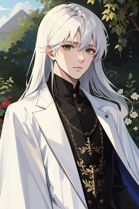 ((masterpiece:1.2, best quality)), 4k, 1boy, long white hair, green eyes, suit, coat, cape, upper body, close up, garden