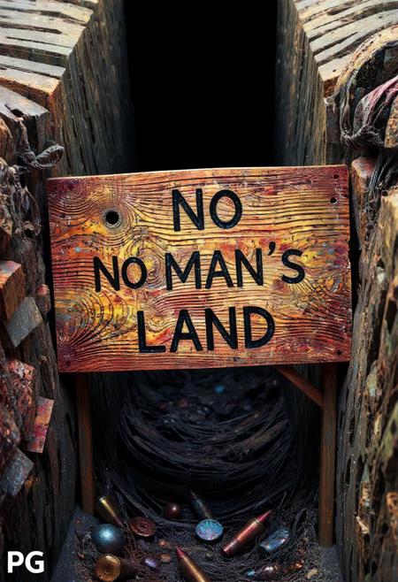 A World War II trench scene. A weathered wooden sign at the trench's entrance reads 'No Man's Land,' with bullet holes piercing through the letters. made out of fractangles, PG rating, sfw,
