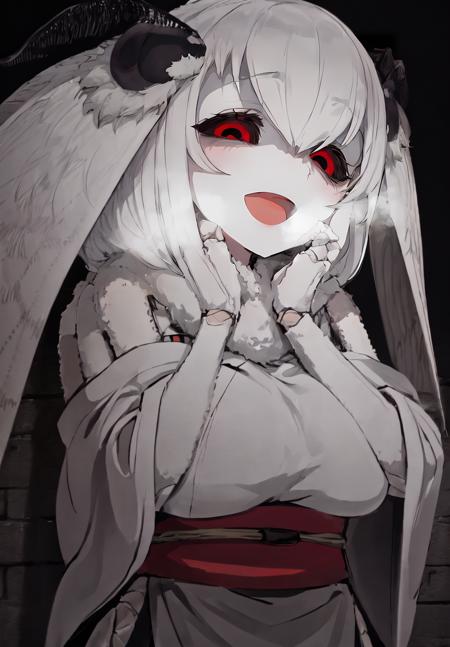 mashiro, red eyes, extra arms, joints, black sclera, (contrapposto:1.1), very long hair, upper teeth
BREAK white kimono, bare shoulders, red sash, obi, side slit, close-up, large breasts
BREAK upper body, dark, looking down, eerie, (shaded face:0.75), from below, looking down, (heavy breathing:1.1), steam, steaming body
BREAK (hands on own cheek:1.1), crossed arms, :d, (dark lighting:1.4), (stone walls:1.15), (brick wall:1.15), upper teeth, half-closed eyes
<lora:mashiro-47:1>