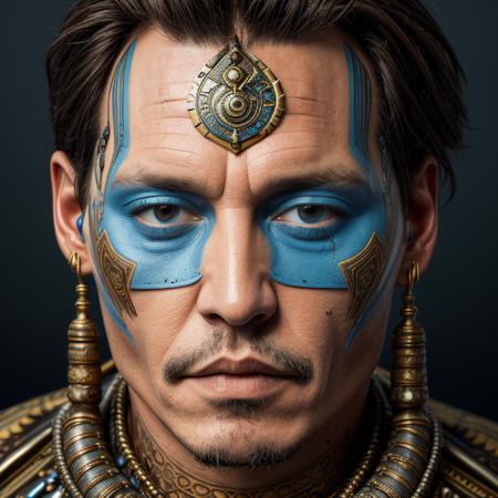 portrait of johnny depp, head, tribal, blue and gold, naki <lora:Naki:0.45>