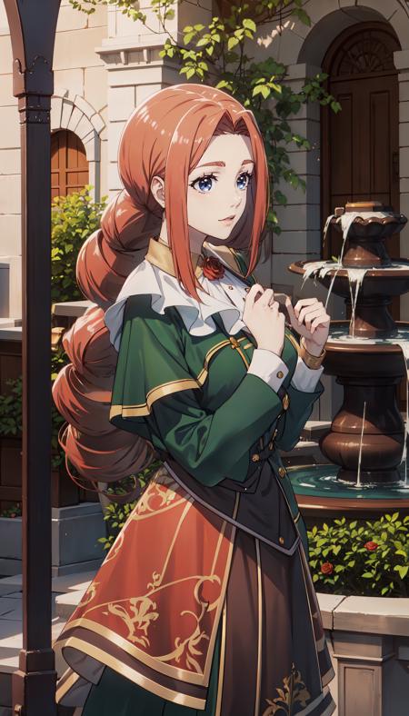 orange hair long hair blue eyes green shirt orange sleeves brown skirt