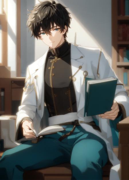 best quality, masterpiece, highres, male focus, 1boy, solo, bara, black hair, danheng, green eyes, looking at viewer, detailed face, highly detailed, bishounen, beautiful, beautiful lighting, blush, bulge, god rays, light rays,  book, reading,  sitting, depth of field, wooden floor, high collar, white and turquoise coat, <lora:danheng:0.6>