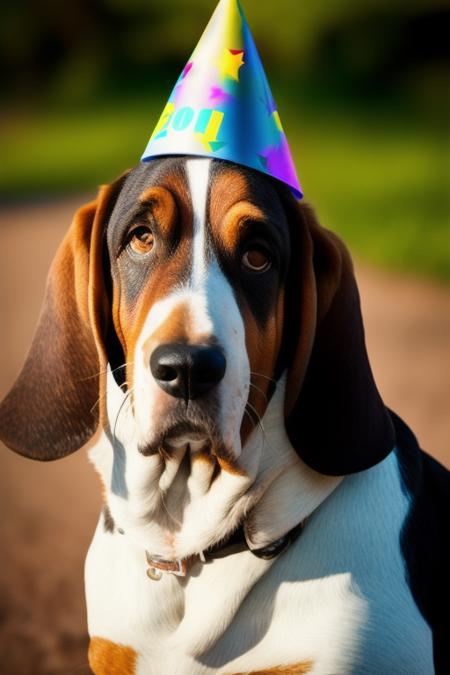 basset2788 <lora:basset27:1>, wearing colorful birthday cone hat, bokeh effect,