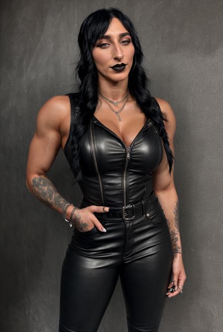 <lora:Rhea Ripley:1>, Rhea Ripley, goth leather outfit, medium view, muscular,