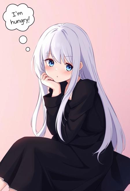 A girl, sitting, black dress, blue eyes, long white hair, thinking about food, thought bubble “I’m hungry”