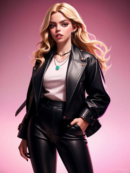 Realistic photo of a beautiful r3n33r woman, 1girl,solo,long hair,looking at viewer,blonde hair,long sleeves,jewelry,jacket,cowboy shot,earrings,parted lips,teeth,pants,necklace,nail polish,lips,black jacket,hand on hip,black pants,pink background,ring,black nails,realistic,leather,fashion, soft lighting, professional Photography, Photorealistic, detailed, RAW, analog, sharp focus, 8k, HD, high quality, masterpiece<lora:r3n33r:1.0>