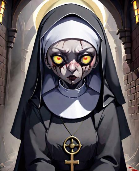 Stylized anime artwork, creepy nun, white eyes, grey skin, unholy, evil, possessed, digital painting, anime studio, masterpiece, Best quality, high detail, subsurface scattering <lora:SDXL_Creepy_Nun:1.0>