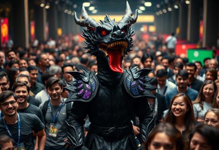 A powerful, cinematically lit, high-resolution 4K photograph. In the center of the image, a person stands out in a striking, highly detailed black dragon costume. The costume features a large, imposing headpiece with prominent horns and a vivid red tongue sticking out. A detailed purple and black shield adorns the body. This figure is the intentional focus, captured in a well-timed moment with captivating lighting that highlights textures. They are surrounded by a diverse, bustling crowd of people of various ages and genders, some in t-shirts, others in suits, their faces showing vivid emotions and joy. The background is intentionally blurred but suggests an indoor convention hall with balanced editing enhancing the subject. Impeccable composition using the Golden Ratio. Contemporary Aesthetics. Lifelike Details, Super Detailed Face and Eyes and Clothes (where visible), Handcrafted with Precision, High Quality, Stunning Colors, Harmonious Colors, Multi Colored. Octane Render, Unreal Engine 5. CGSociety, Artstation Trending on ArtstationHQ. Joyful Impact, Powerful Message.