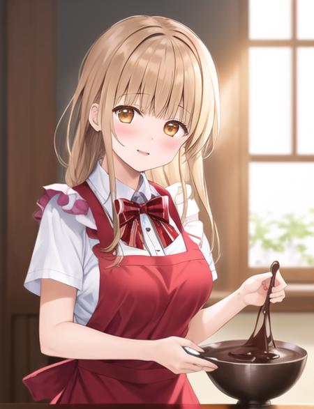 masterpiece, 1girl, Mahiru Shiina ,apron, bangs, bow, bowl, bowtie, brooch, chocolate making, chocolate on hand, food on hand, jewelry, looking at viewer, red apron, red bow, red bowtie, short sleeves, solo,