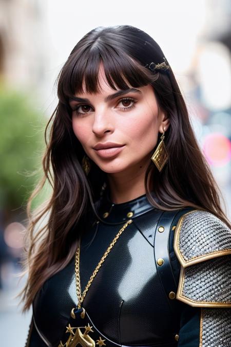 RAW photo, a photo of emrata91 wearing full medieval armor and posing with a very surprised expression on her face, (high detailed skin:1.2), 8k UHD, DSLR, soft lighting, high quality, film grain, Fujifilm XT3