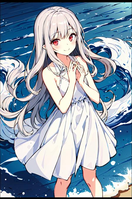 <lora:RONOPU:0.8>1girl, solo, long hair, dress, barefoot, white dress, red eyes, looking at viewer, smile, letterboxed, bangs, own hands together, bare shoulders, grey hair, closed mouth, blush, water, waves