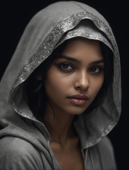 photography art by Marc Lagrange, On pale black paper, heavyset Bangladeshi young_woman, she is Gorgeous and Fantasy, mouth of Humanity, in Hooded,armor, Glib One-Eyed, at Nighttime, Altermodern, 35mm, high quality photography, 3 point lighting, flash with softbox, 4k, Canon EOS R3, hdr, smooth, sharp focus, high resolution, award winning photo, 80mm, f2.8, bokeh