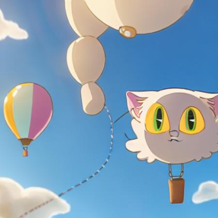 <lora:suzume:1>, 1cat, hot air balloon, blue sky