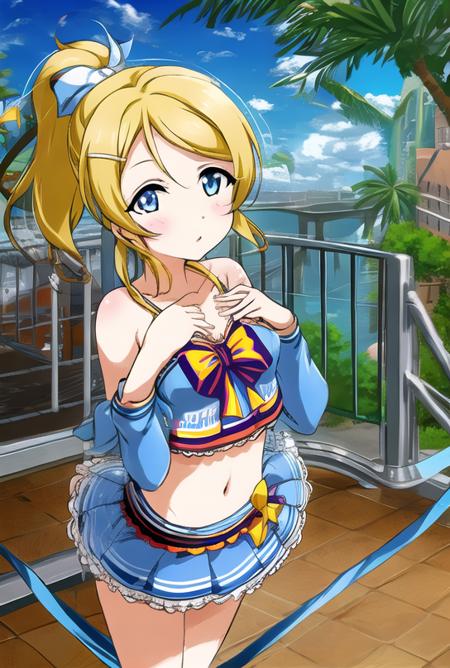 eli_ayase, <lora:eli_v1:0.9>, blue_eyes,  (yello hair:1.2), 1girl, solo, , roxy migurdia, 1girl, ahoge, alternate hairstyle, bangs, bare shoulders, blue bow, blush, breasts, breath, , hair between eyes, long hair,  smile, nipple,  small breasts, solo, thighs, very long hair, , ((masterpiece)), sideface, very detailed face, cheerleader, pompons