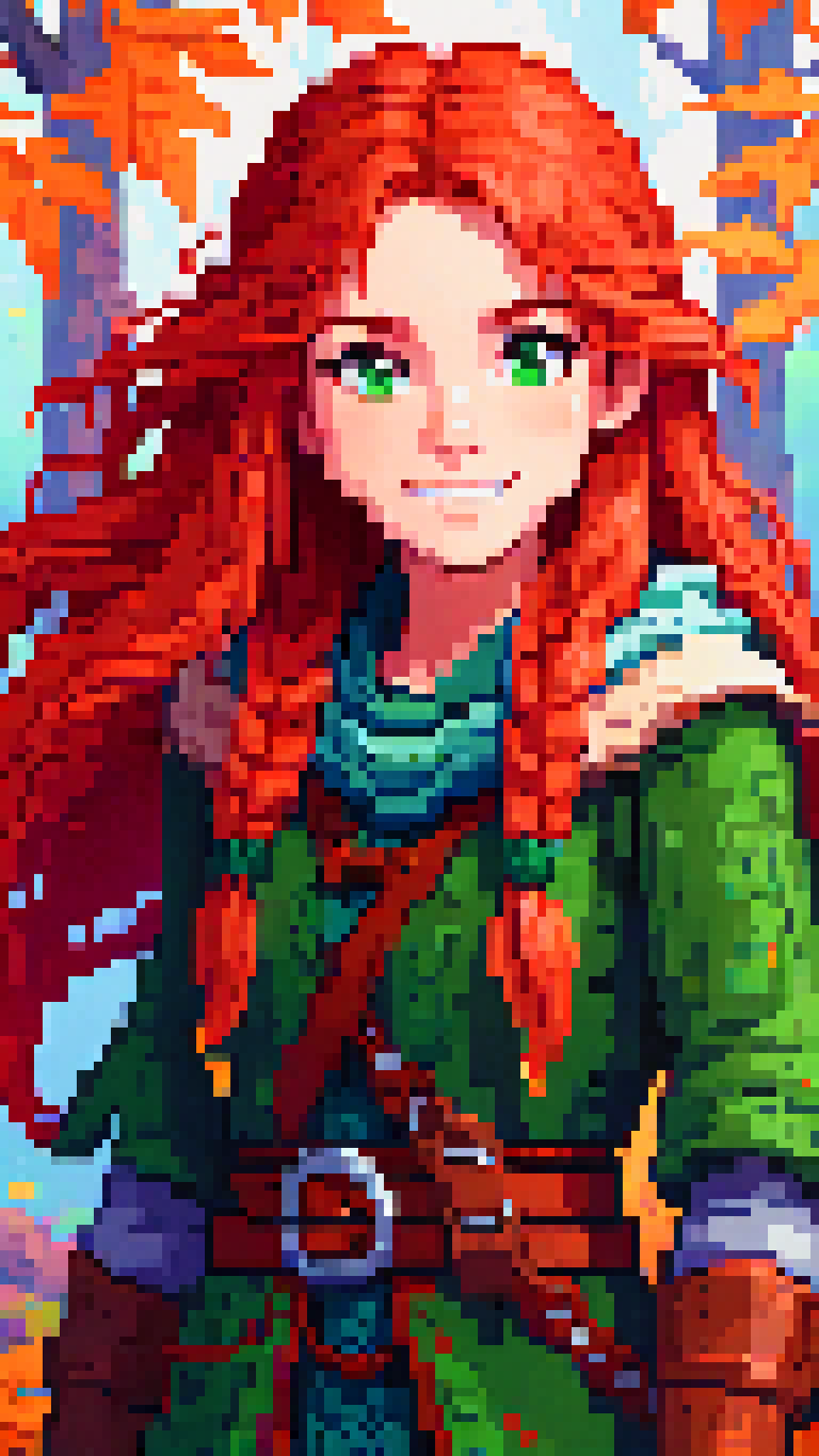 pixel art of a 15yo girl, druid with long red hair, autumn, cinematic film still, from Dungeons & Dragons, rugged clothes,...