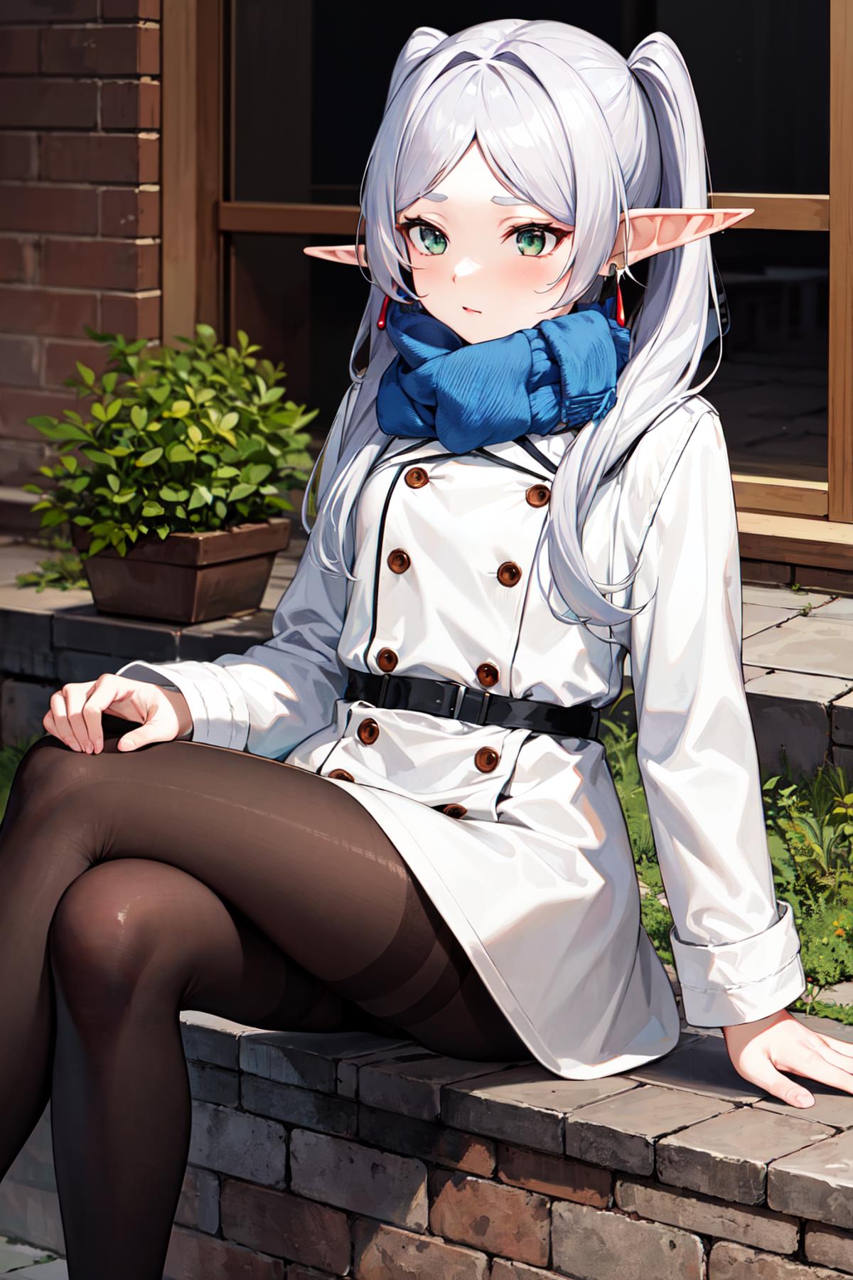 Anime-style elf girl wearing a white coat, black belt, and blue scarf.