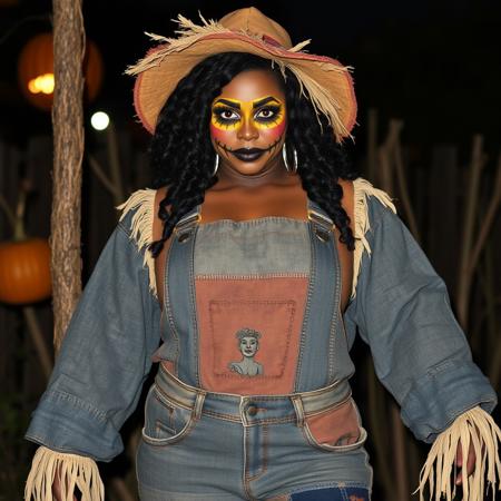 A honey brown skinned black woman dressed as a sexy scarecrow on Halloween night, huge hanging breasts, wide hips, thick thighs, a slim waist and a fat ass. She wears patchwork overalls made of various patterns and materials. She wears classic ((scarecrow face paint))