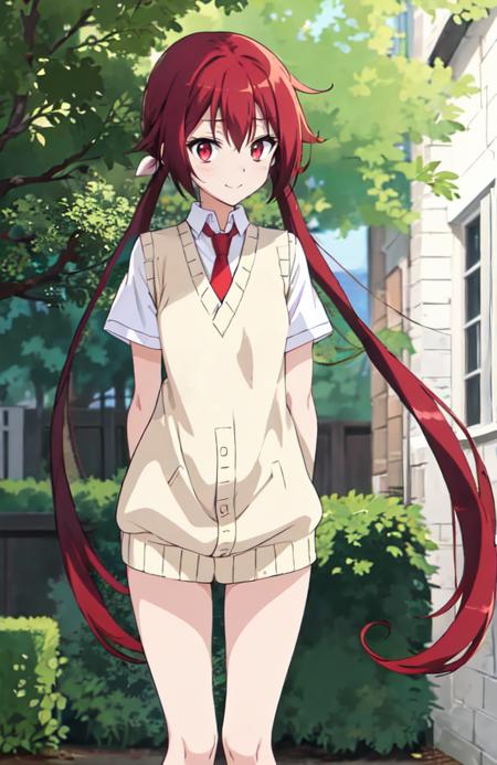 akane sakurada, flat chest, red eyes, red hair, very long hair, low twintails, hair ribbon, white shirt, red skirt, red necktie, loafers, black  long socks beige sweater vest black blazer