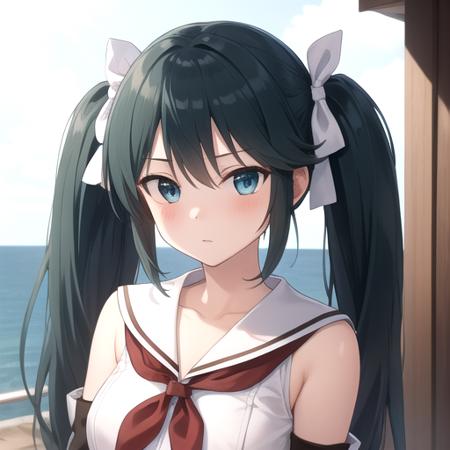 ((masterpiece)),(best quality),official art,extremely detailed CG,unity 8k wallpaper,ultra detailed,A lighthouse on a cliff by the sea,1girl,solo,upper body,(portrait:1.2),twintails,long_hair,detached_sleeves,zettai_ryouiki,white_thighhighs,school_uniform,blue_hair,serafuku,anchor,red_skirt,hair_ribbon,neckerchief,medium_breasts,pleated_skirt,sailor_collar,hair_bow,<lora:Isuzu(kan)>,