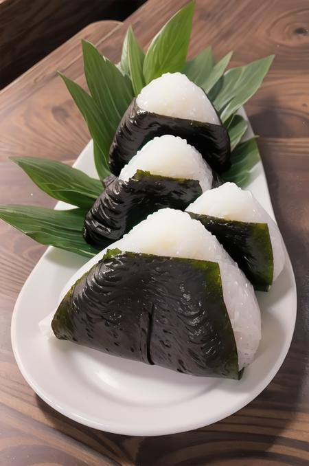 onigiri, plate, food, food focus, realistic, still life, rice, blurry, nori (seaweed)